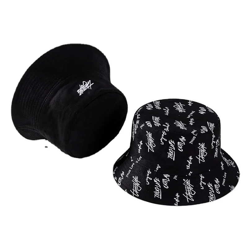 Low Moq Reversible Custom Logo Allover Printed And Embroidered Cotton Fisherman Wide Brim Bucket Hat