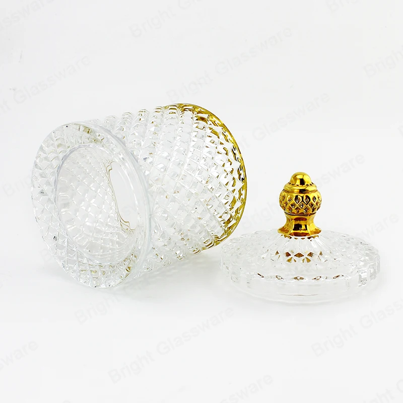 Wholesale colorful crystal sugar bowl glass candy dish jar with lid geo cut candle jars for candle making wedding decoration