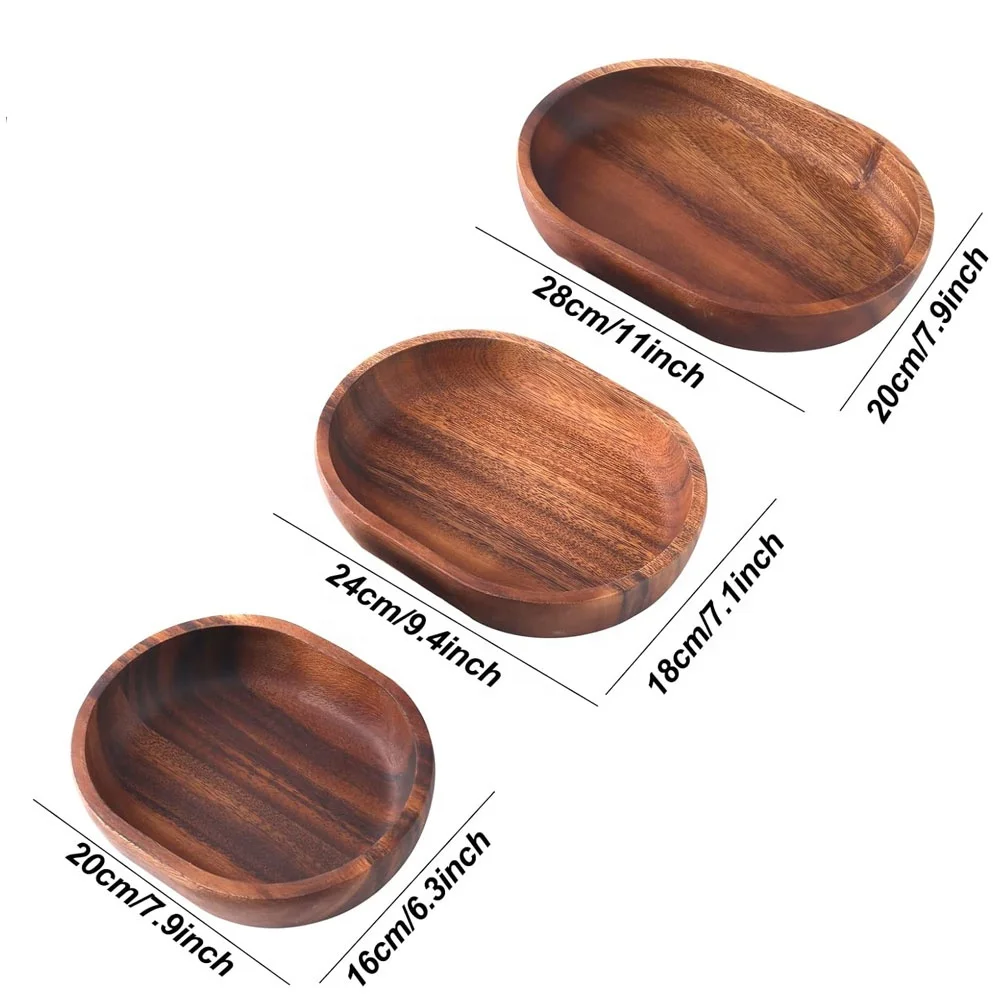 Wooden Salad bowl 3-piece Oval dessert display tray ideal for fruit food salad mixing and serving bowls