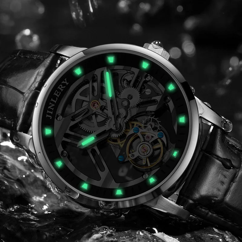JINLERY Mechanical Tourbillon movement Watch Skeleton Design Leather Strap Waterproof Mechanical Tourbillon Watch for men