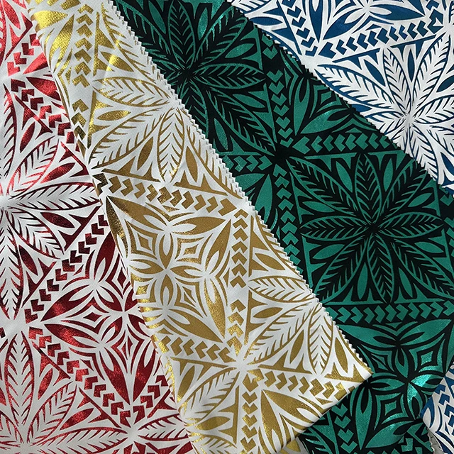 HL Hot Stamping Foil Silver Gold Bronzing Print On 4 Way Stretch Tropical Samoan Fabric Rribal Print For Garment
