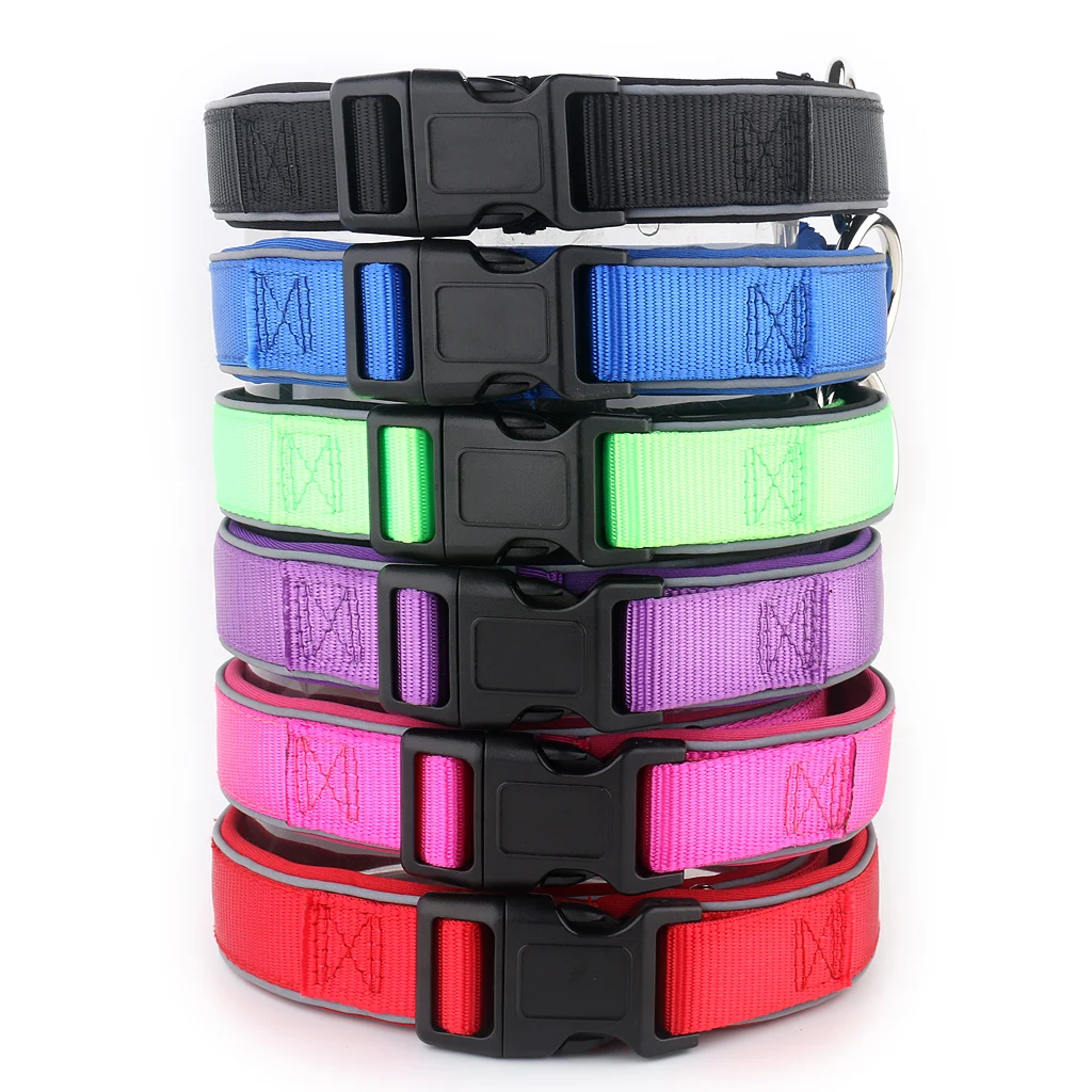 Factory price Nylon webbing Neoprene reflective padded Dog collar with Metal O ring