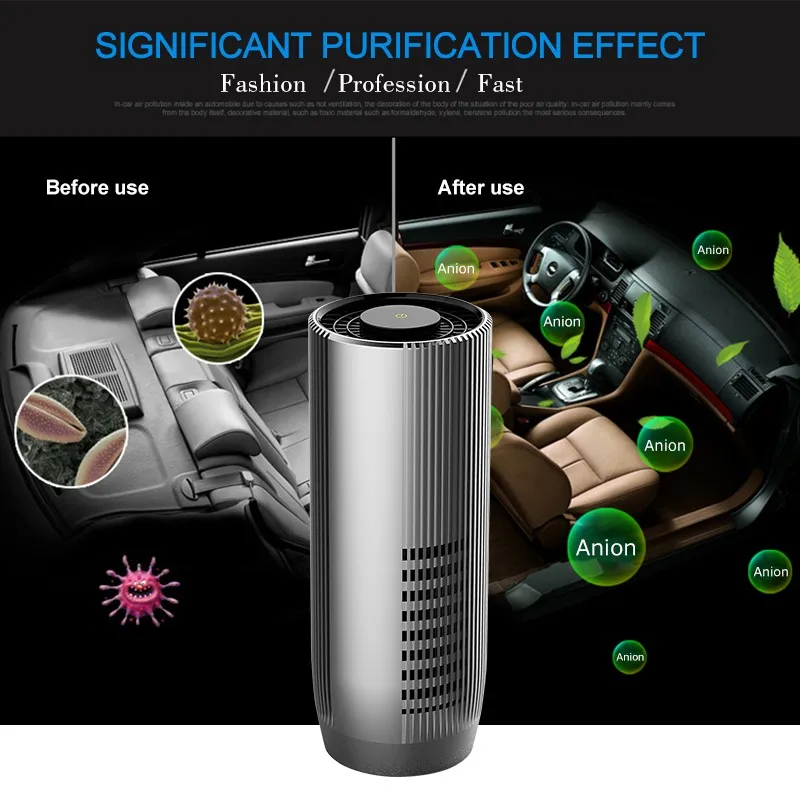 New Design Aluminum Alloy Grey High Efficient Filtration Hepa Filter Air Purifier for Car Home Baby Room