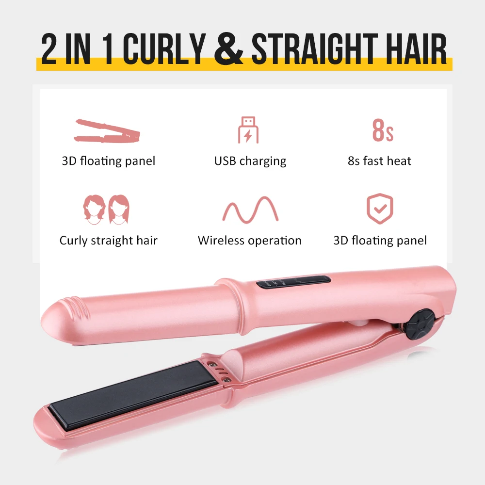 2 In1 Curling Iron Hair Straightener USB Rechargeable Portable Wireless Mini Curling Irons