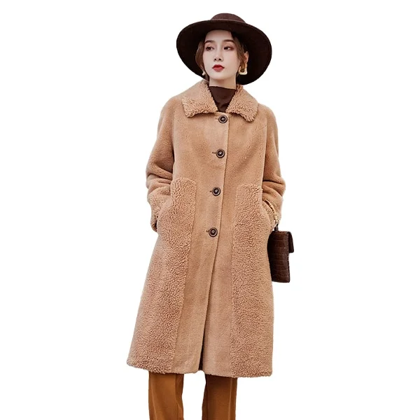 2022 Founder Winter Women  Elegant And Grace Woolen Faux Teddy Fur Long Coat Shearling Ladies Fashion Outwear
