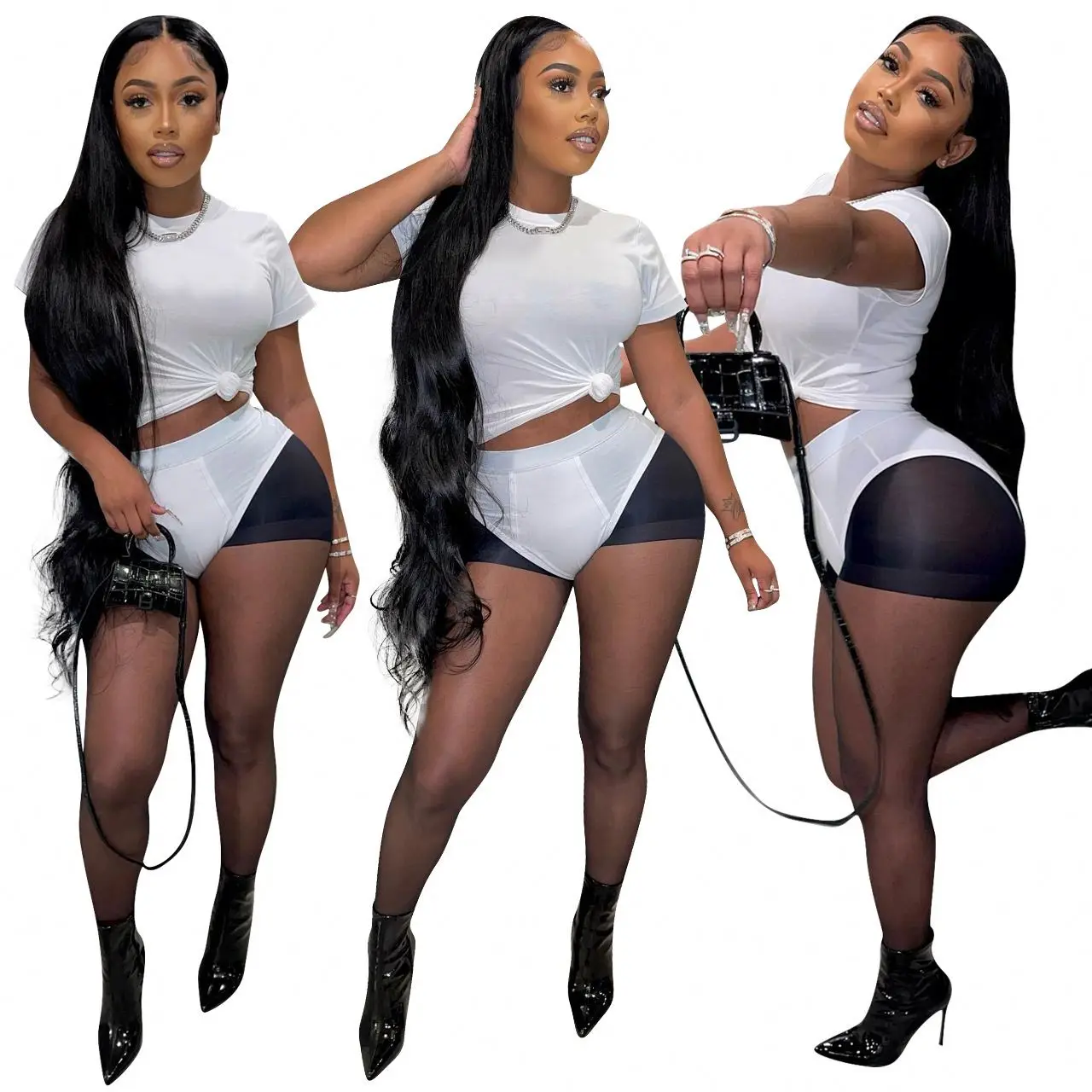 Fashion 2022 Blank Tshirt Mesh Splicing Shorts Two Piece Set Custom O Neck White T Shirt See Through Biker Shorts Outfits Woman