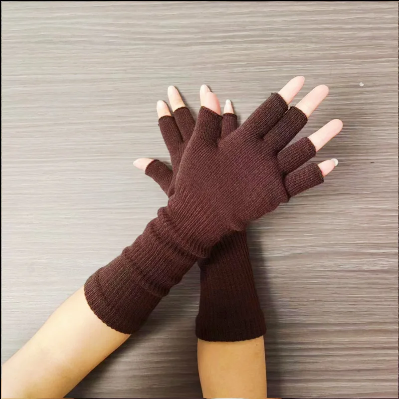 FF3177 Women Winter Knit Wrist Arm Warmers Warm Half Finger Gloves Mittens Long Knitted Winter Fingerless Gloves