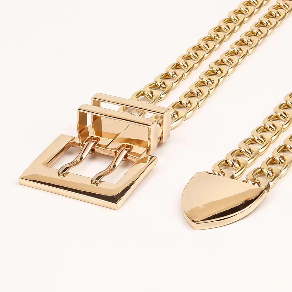 Летний взрывозащищенный металлический ремень в стиле панк, двухрядная Пряжка, двойная золотая металлическая цепочка на талию