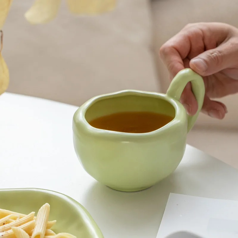 Ins style large capacity breakfast milk oat cup handmade ceramic irregular shape mug pottery