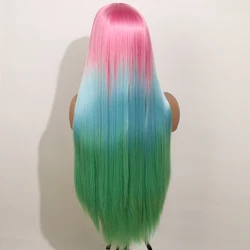 Synthetic Lace Wig Pink Ombre blue green Colorful Lace Wig With Natural Hairline Heat Resistant Hair Cosplay Halloween Wigs