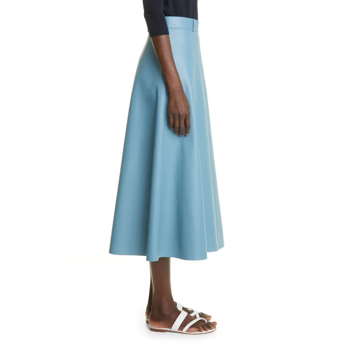 Latest Design Summer Fashion Casual Custom High Waist Elegant Retro Blue Leather Midi A Line Skirt For Women Office