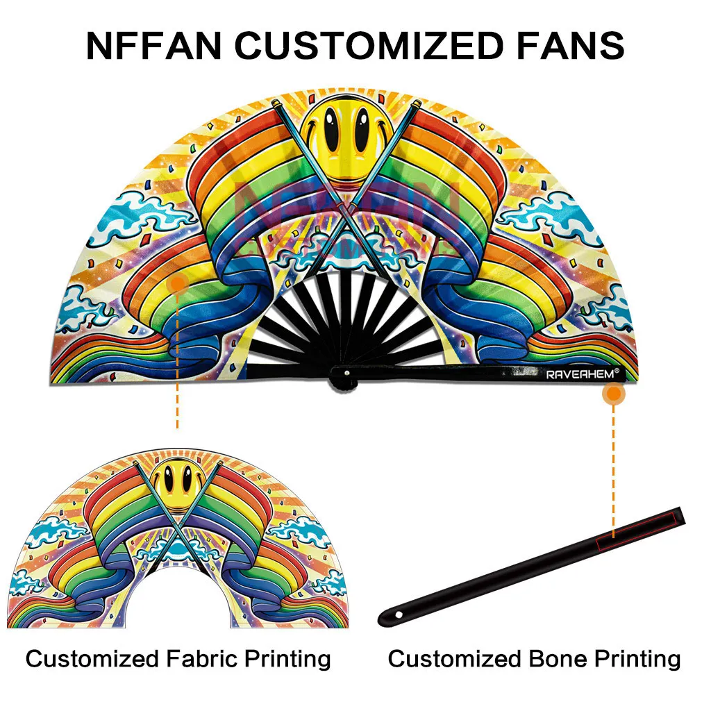 Personalized Large Folding Rave Hand Fan with Custom Printed Eco-Friendly Bamboo for Festivals and Party UV Glow
