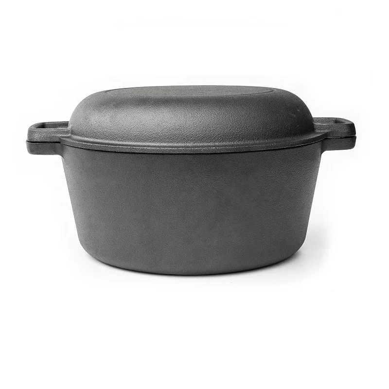 Preseasoned cast iron dutch oven with pan lid 2 in 1 cookware set outdoor campfire cooking soup pot with grilling pan
