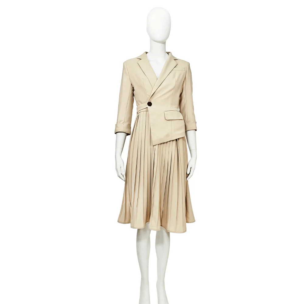 Elegant blazer dresses  three quarter sleeve asymmetric lapel with pleated blazer dress khaki blazer dress set