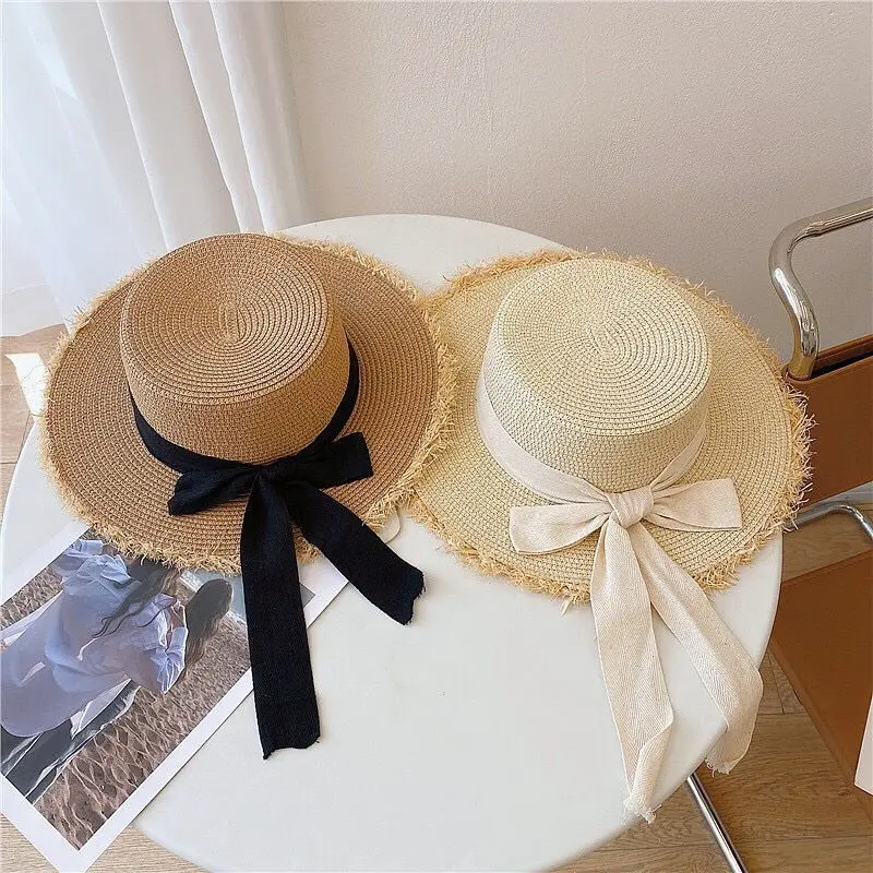 Womens Paper Straw Sun Hat Raffia Wide Brim Floppy Summer Beach Hats Frayed Hat