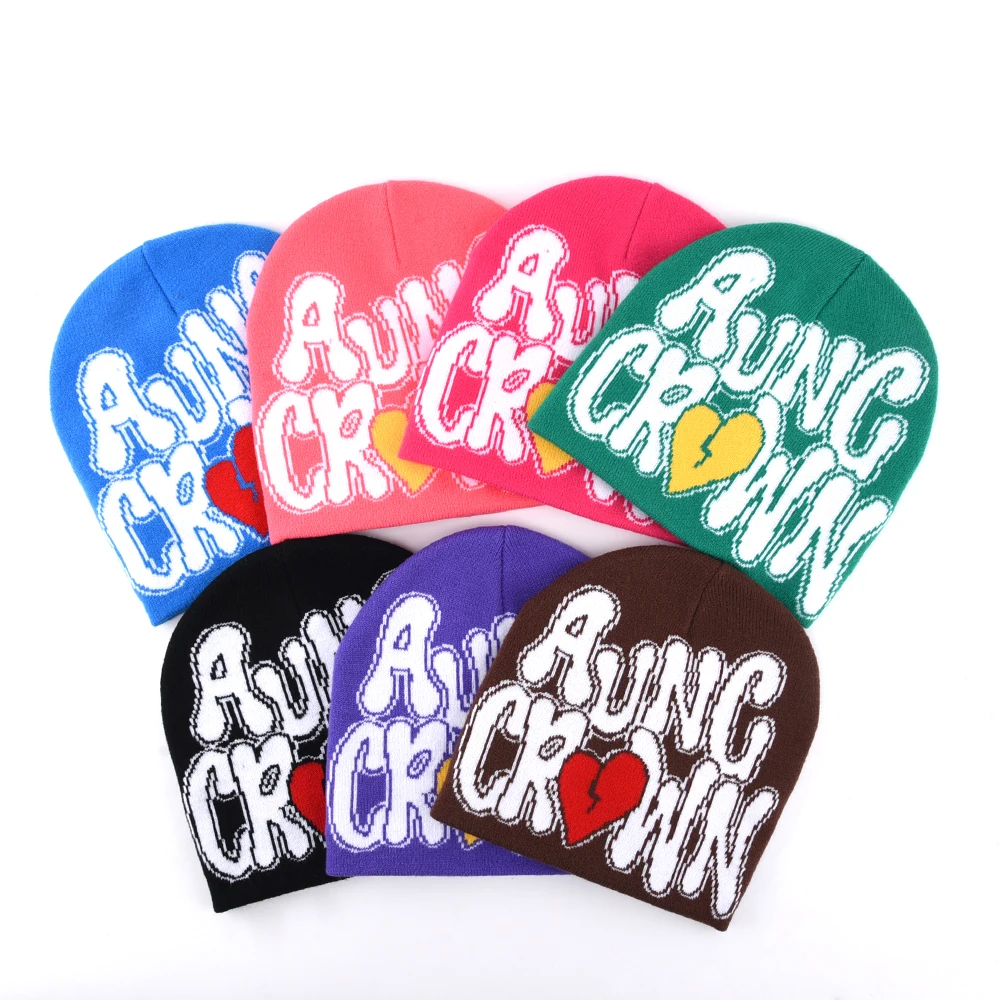 Low MOQ Custom Beanie Manufacturers All Over Print Jacquard Y2K Gothic No Cuff Fold Cuffless Winter Skull Cap Knit Hat with Logo