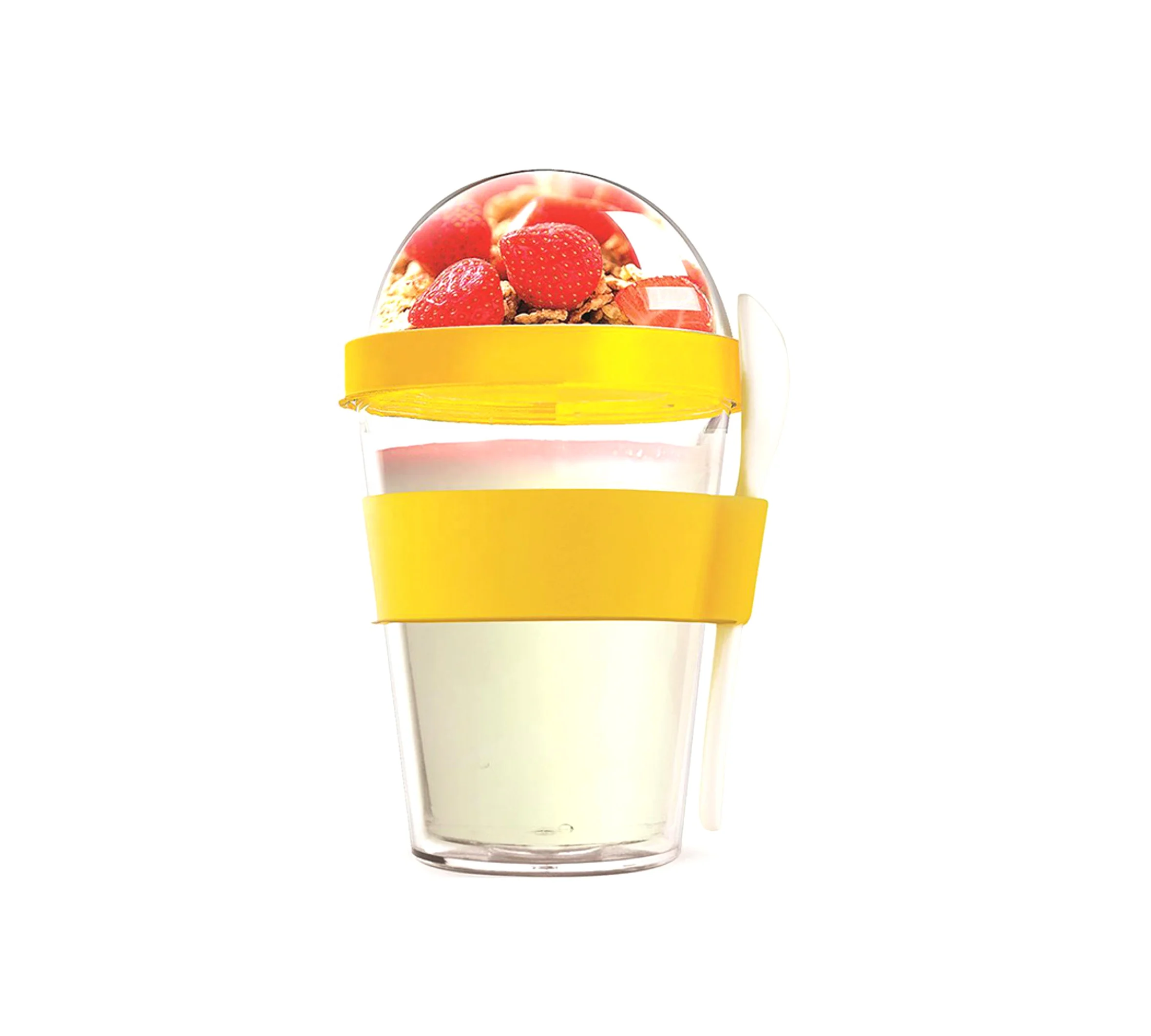Plastic cereal cup with spoon, travel mug with cruesli compartment