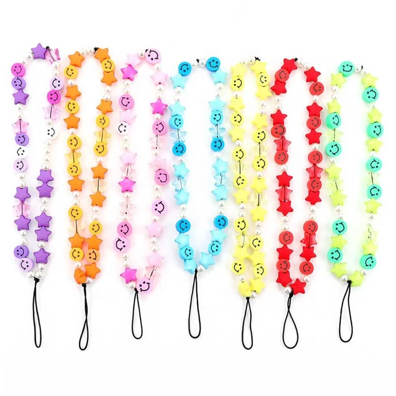 Wholesale Mobile Phone Accessories Handmade Beaded Phone Strap Custom Clay Beads Pearl Smiley Face Star Phone Strings Charm