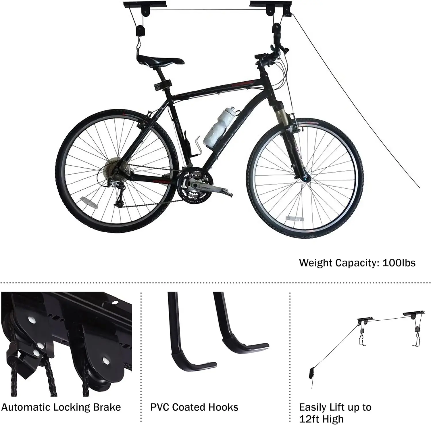 Bicycle Lifter Ceiling Hooks Elevated Pulley System for Bicycle or Ladder Rowing Display Carrier Racks