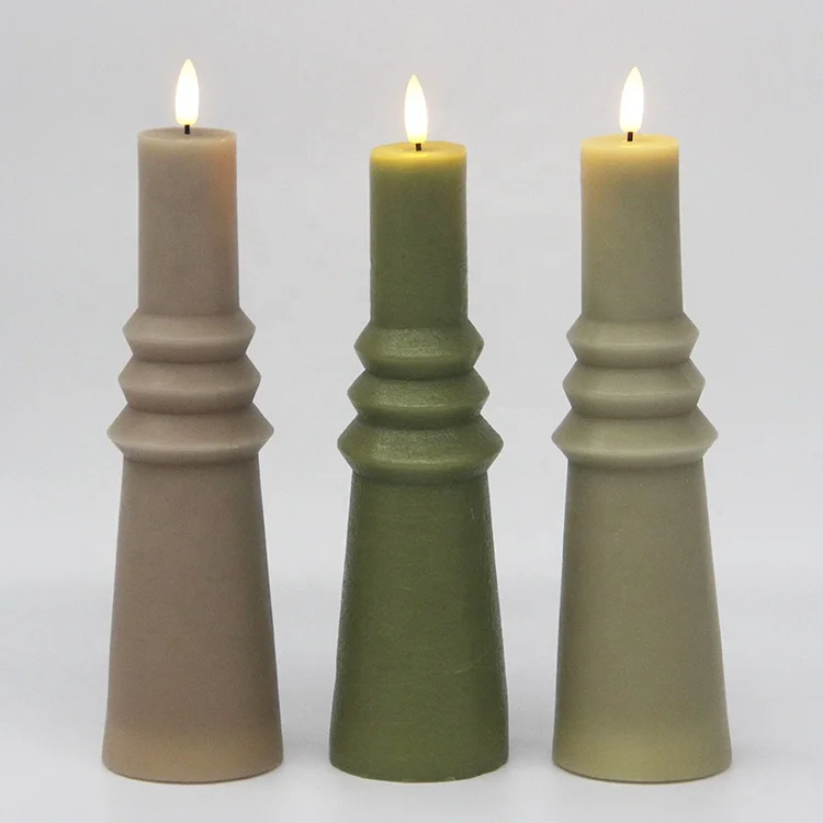 Home decor luxurious aesthetic column battery operated flameless pillar led candle wax with 3D real flame