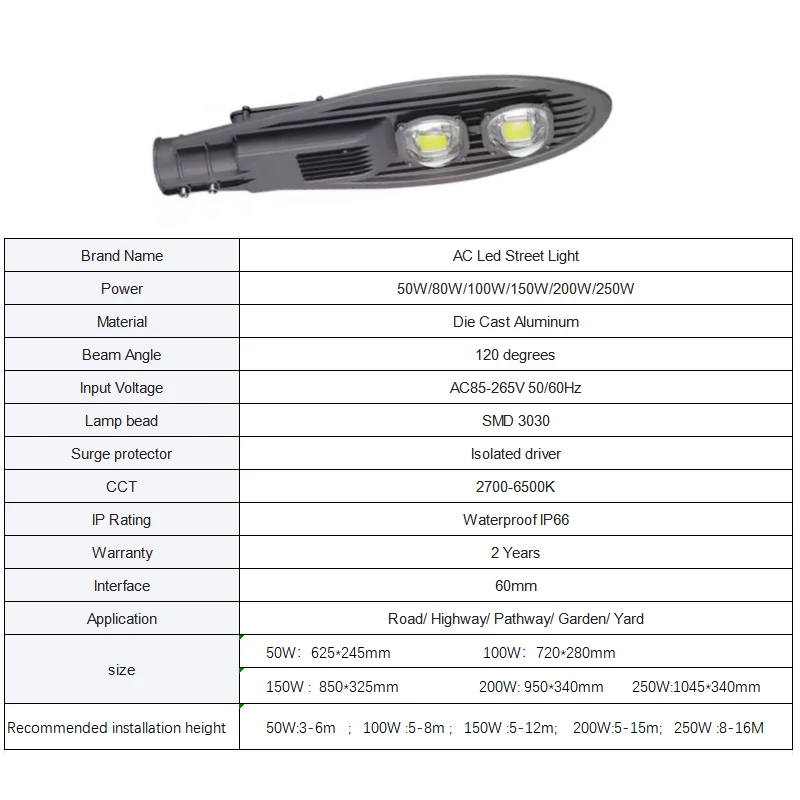 200W Outdoor LED Street Light with IP66 Waterproof Aluminum Lamp Body for Road Parking Lot Lighting AC Power Supply