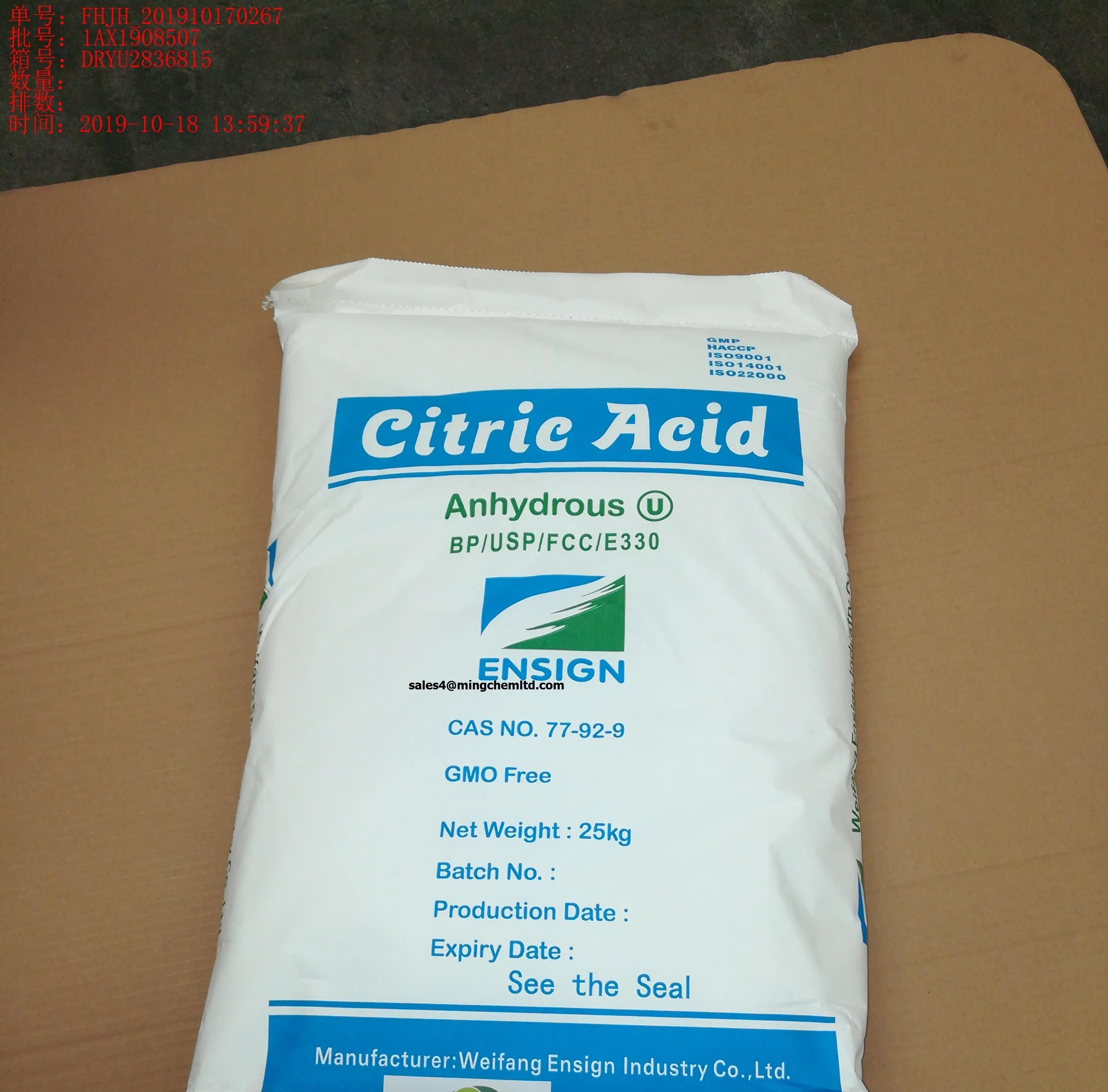 
Food Grade Additives Organic Bulk Powder Price 25kg Bag Free Drinks BP98 USP FCC Natural Fermentation Citric Acid Anhydrous 