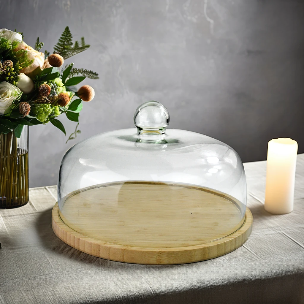 Elegant Design Bamboo Wooden Serving Trays Cake Stand with Round Acrylic Lid  for Wedding Birthday Party Table Food Display
