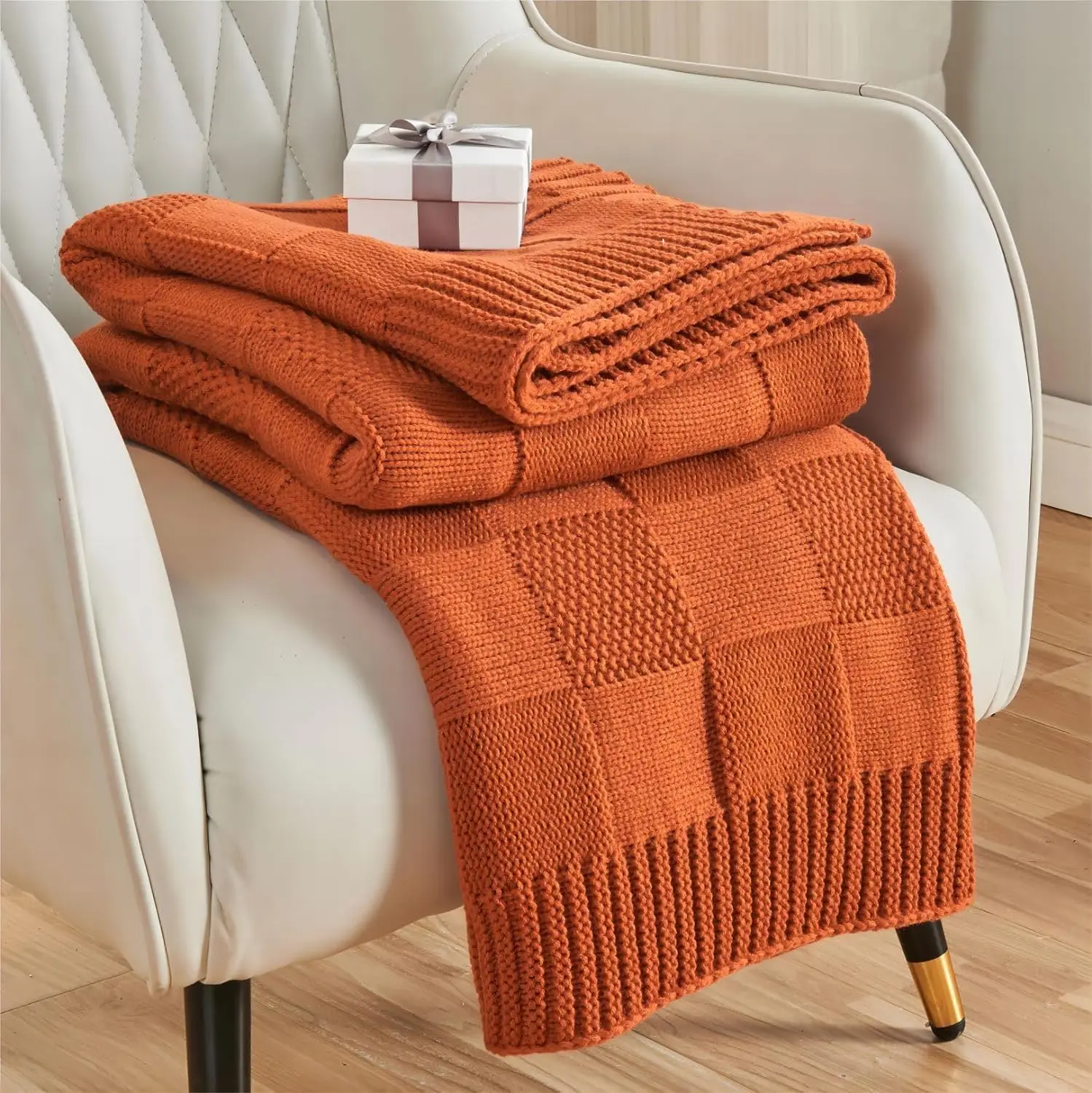 Orange Checkered Reversible Acrylic Warm Cable Knitted Throw Blanket for All Seasons