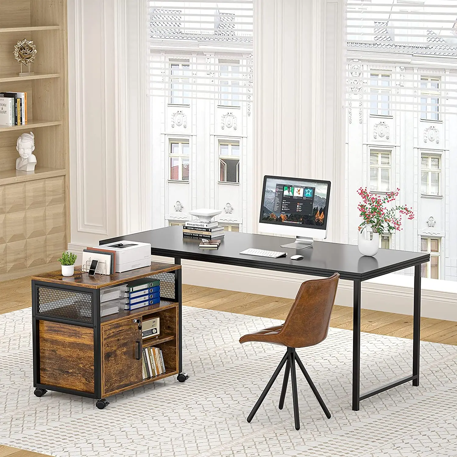 Wheel Side Iron Frame Mobile Office Printer Stand With Door Lockable Rolling Filing Cabinet