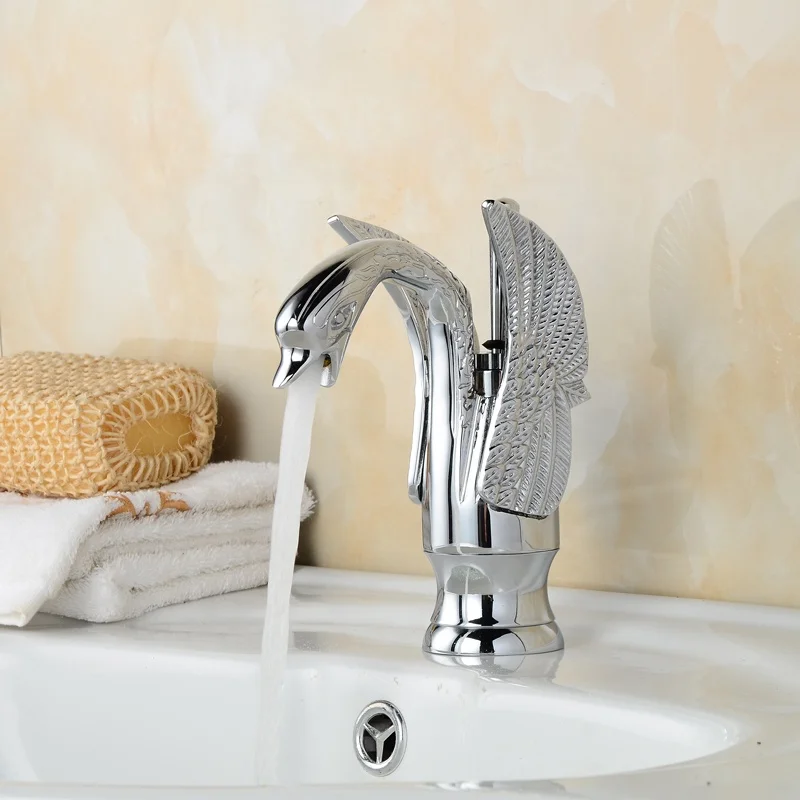 Goose Neck Wash Basin Mixer Tap Deck Mount Brass Single Handle Chrome Gold Plated Bathroom Animal Shape Swan Neck Faucet