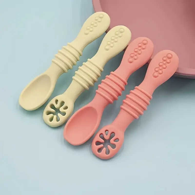 Food Grade Baby First Stage Feeding Utensils Toddler Training Soft Tipped Pre Spoon Set Silicone Baby Spoons Set