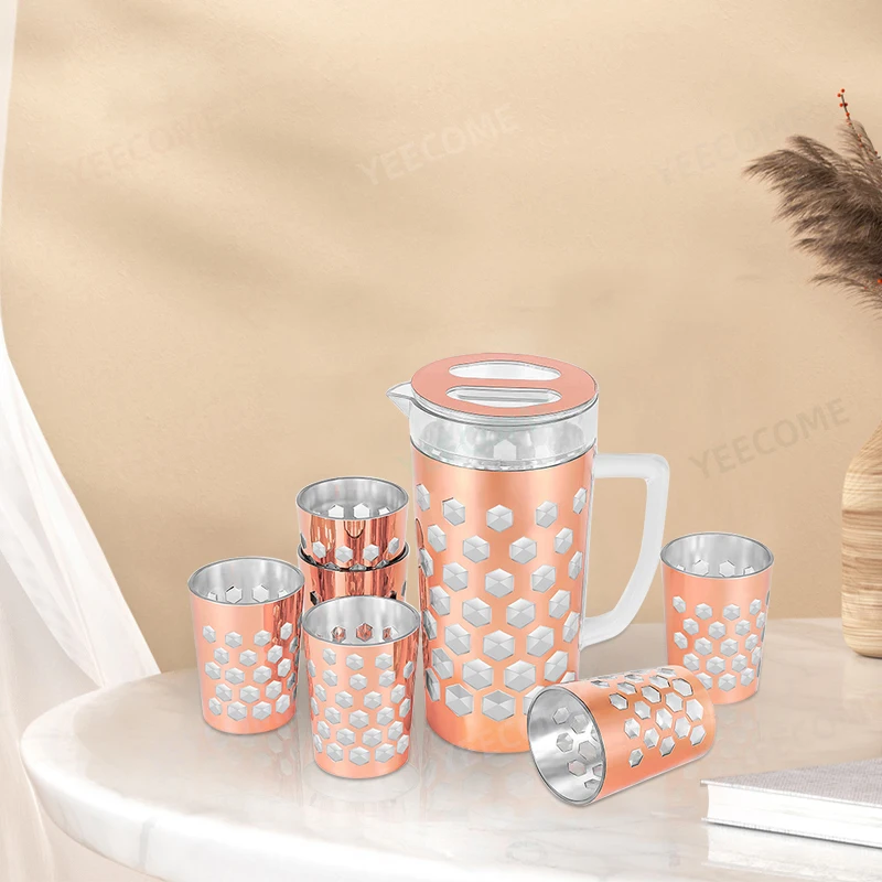 Custom Logo Food Frade Water Jug  7 Piece PS BPA FREE Tea Pot Golden Printing Water Pitcher