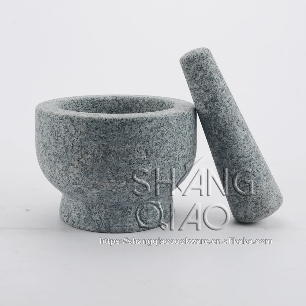 Amazon Hot Sale Natural Unpolished Exterior Granite Mortar and Pestle with Bonus Bamboo Lid and Cork Mat