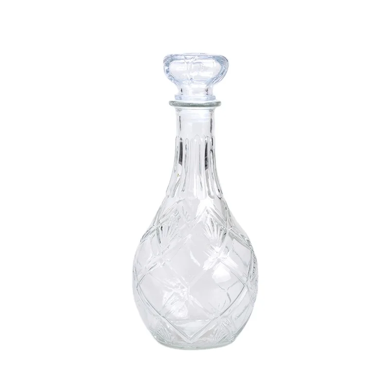 Hotsale round wide mouth glass decanter set water wine pitcher jug 700ml square glass whiskey bottle with glass stopper