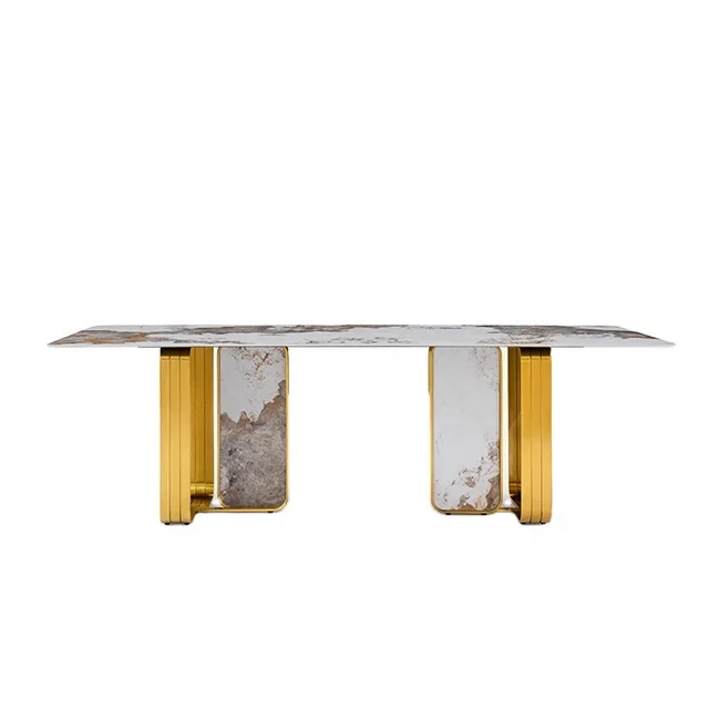 High Quality Price Brass Leg Marble Top Dining Table Set 6 Seater Chair Modern Luxury Marble Metal Dining Tables
