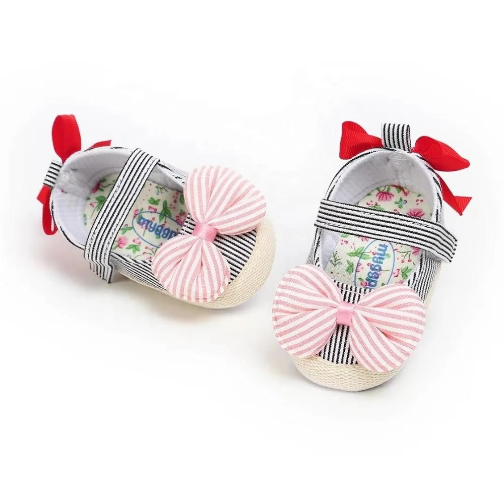 Fancy Infant Ribbon Bow Striped Baby Fabric Toddler Girl Dress Shoes