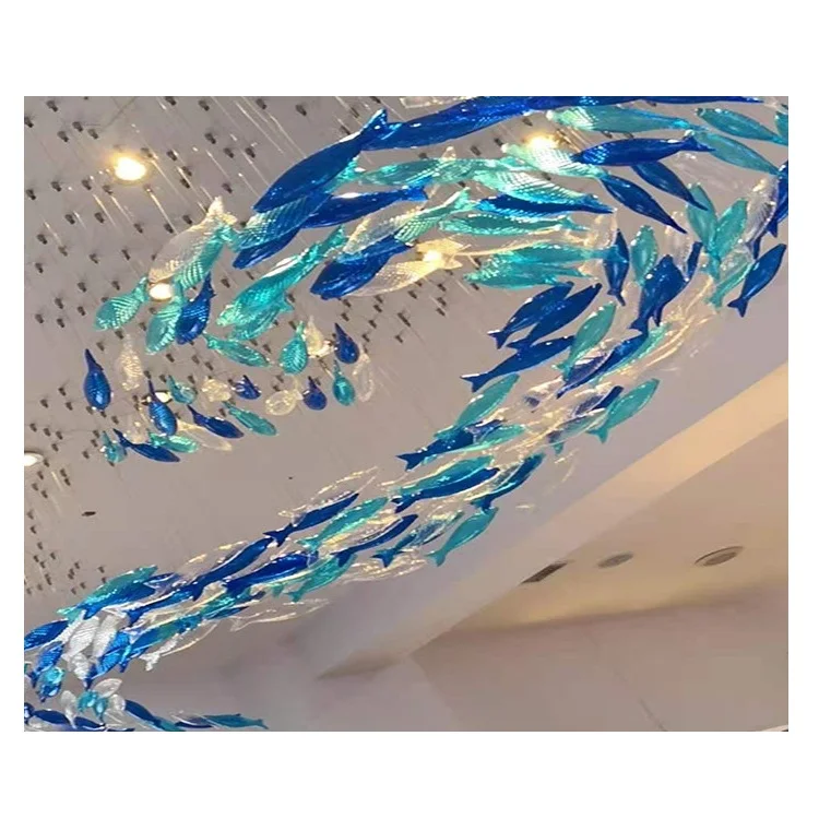 Customized non-standard large art fish shaped decorative glass ceiling chandelier for hotel lobby banquet hall
