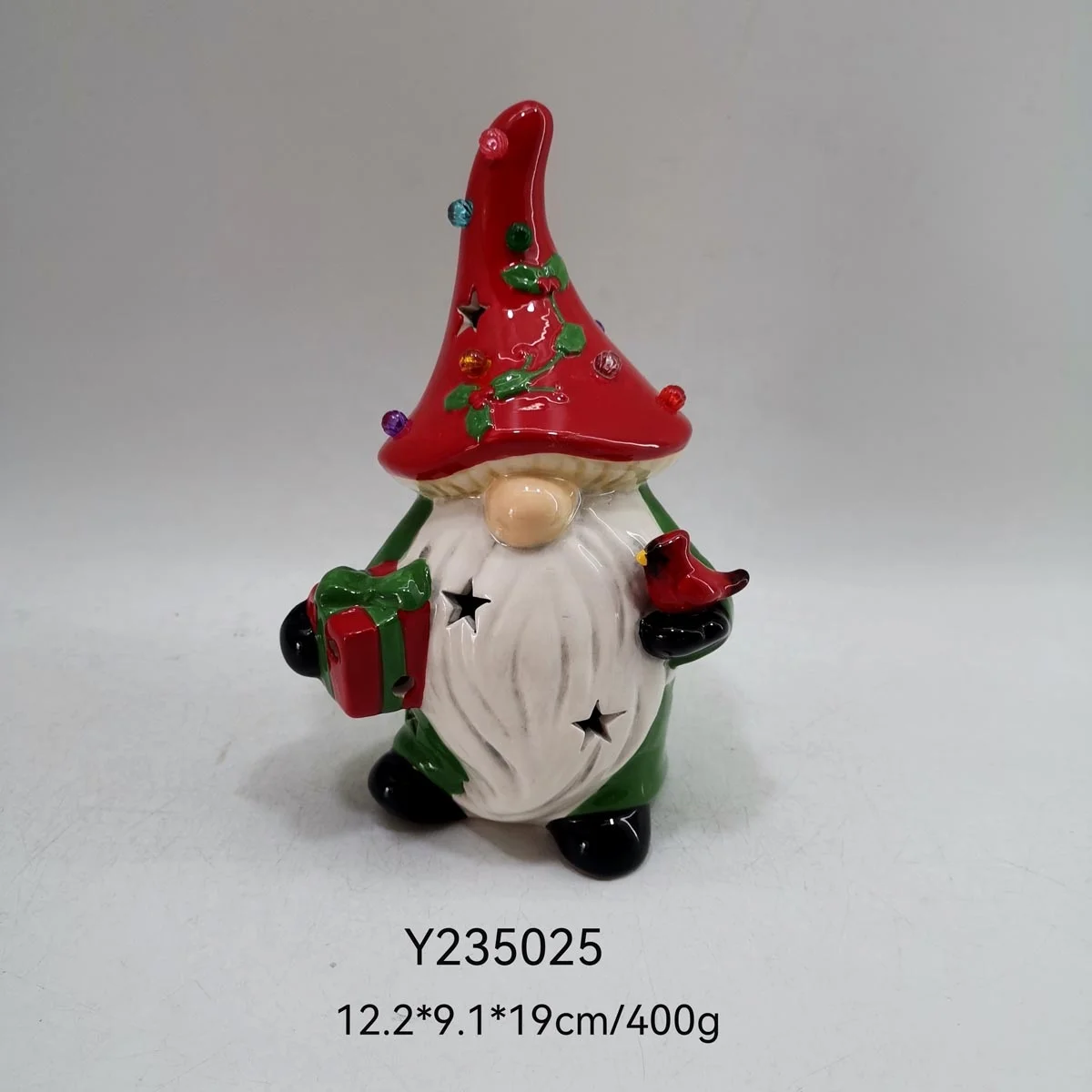 7.5 inch handpainted ceramic Christmas gnome with led light