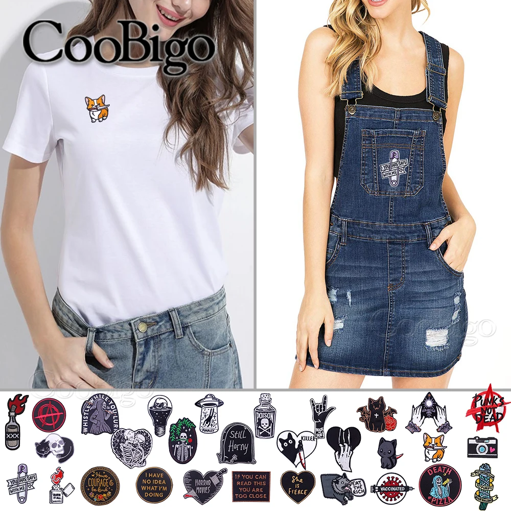 50pcs Iron On Punk Embroidery Patch Small Thermal Sticker Applique for Clothes Bags Patchwork Heat Adhesive Cat Flower Heart Sku