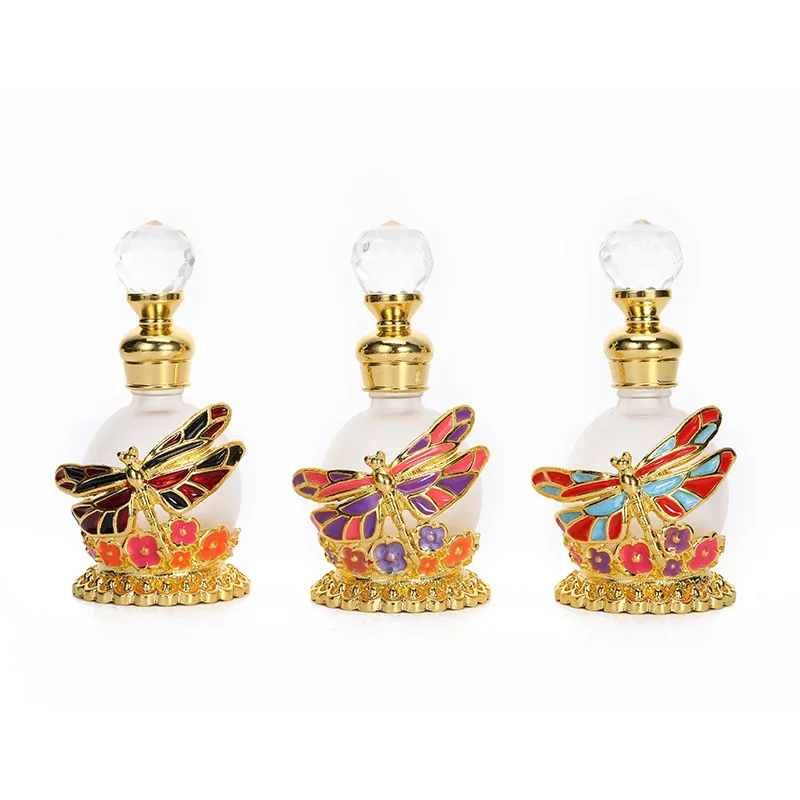 Glass bottle manufacturer 15ml Enamel dragonfly handmade metal alloy perfume fragrance bottles from Dubai