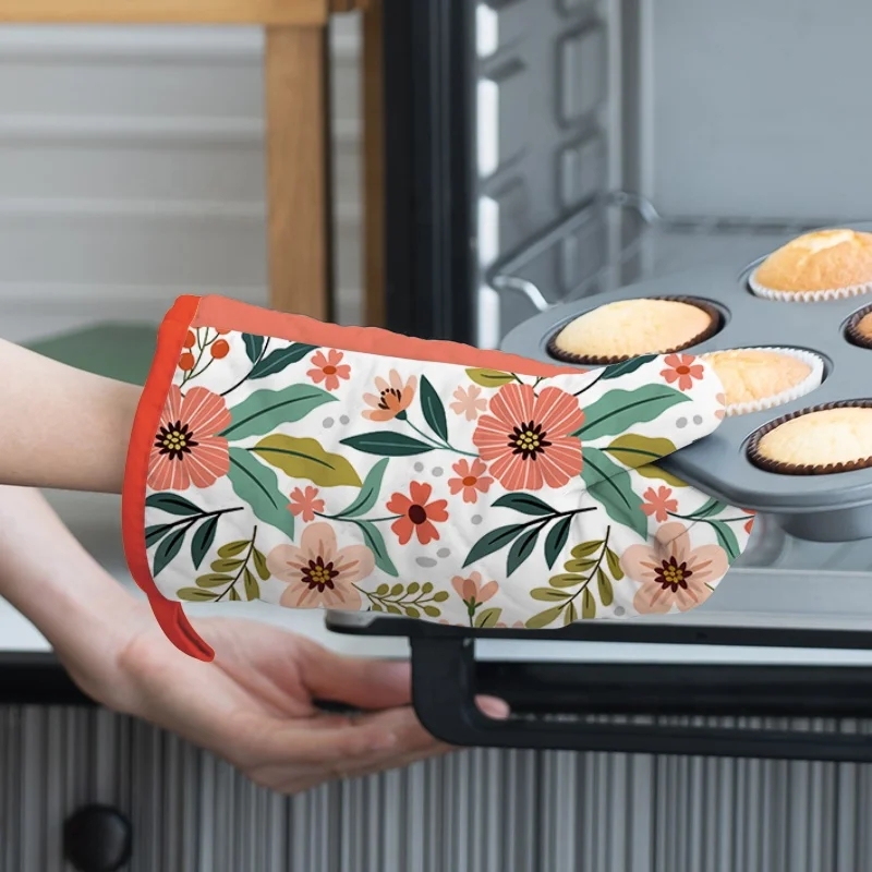 Personalized Custom Flower Pattern Printed Kitchen Chef Bib Apron Logo Cooking Design Oven Mitt Tea Towel Cotton Apron Sets