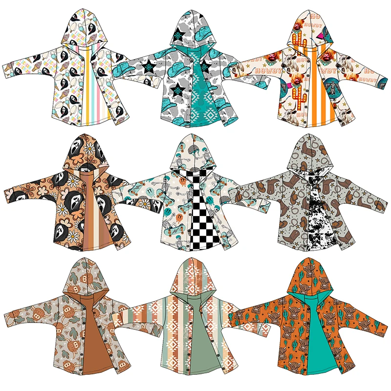 Wholesale Western Style Fall Winter Kids Boy Girl Hooded Tops Double Layers Long Sleeve Toddler Baby Reversible Cardigan Jacket