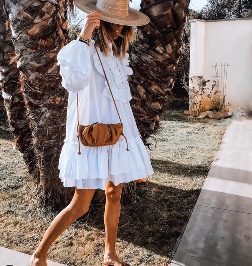 
Summer White Lantern Sleeves Beading Pleated Lady Mini Casual Dresses Round Collar Long Sleeve Dress White Shirt Tunic Dress 