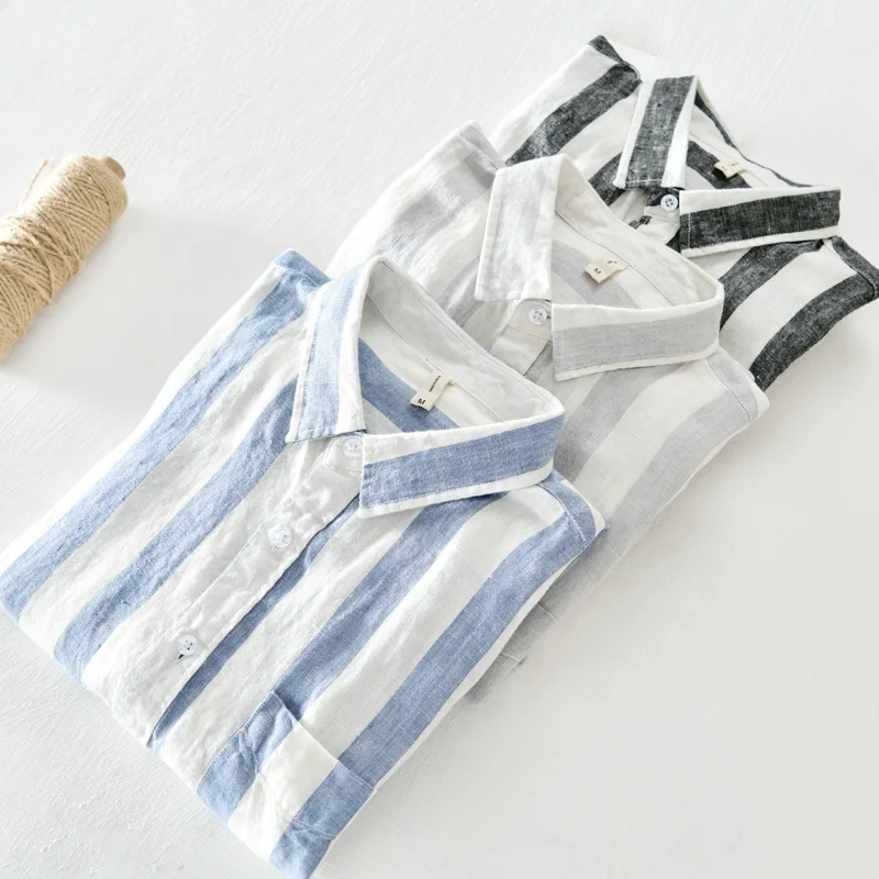 Custom oversized down button full sleeve long vertical striped linen mens shirt 2022