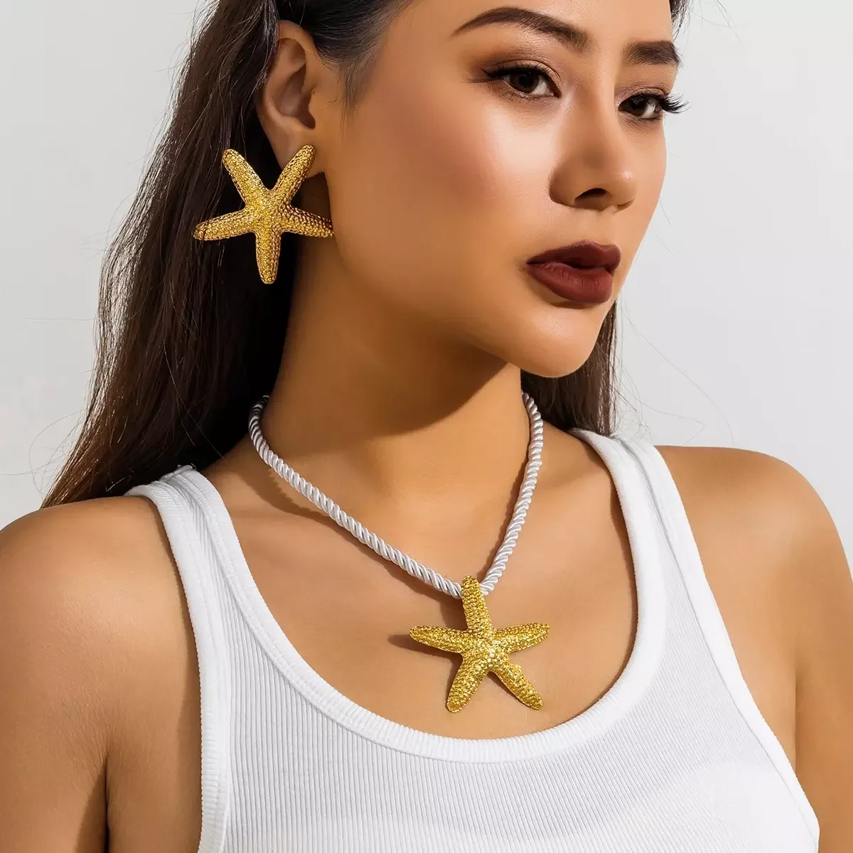 SHIXIN Fashion Exaggerated Boho Metal Big Starfish Star Pendant Choker Necklace Women Summer Punk White Chunky Chain Y2K Jewelry