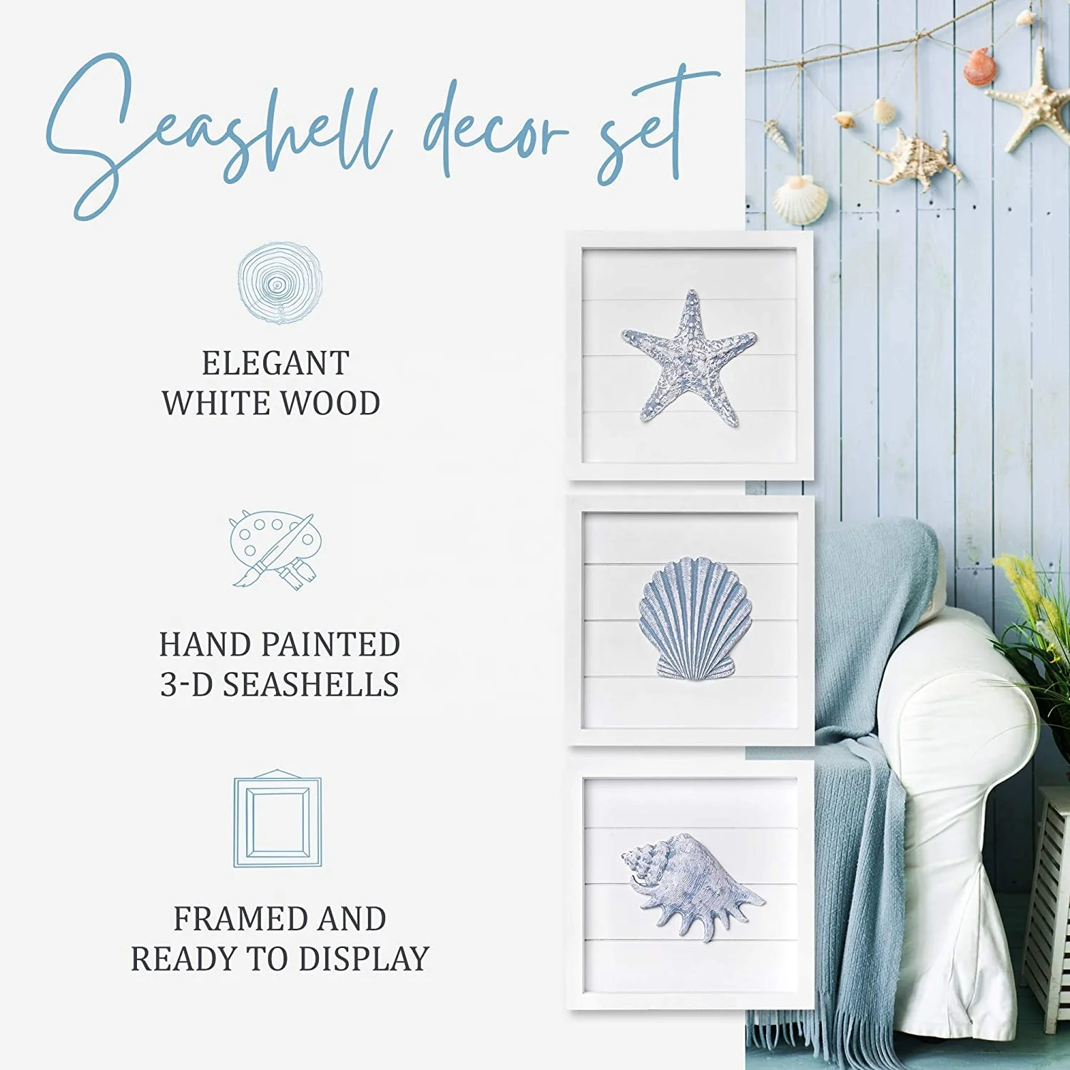 Beach wall decorated with blue shells and starfish, 3 white wooden frames, suitable for bathroom or coastal bedroom, home
