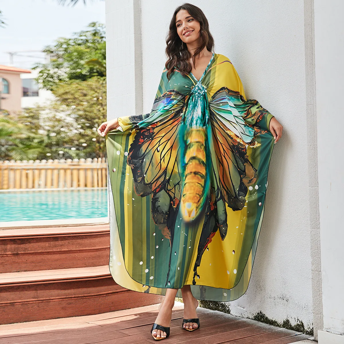 Wholesale 22colors Oem Beachwear Elegant Print Maxi Kaftan Kimono Women Casual Long Beach Cover Ups Hawaiian Dresses