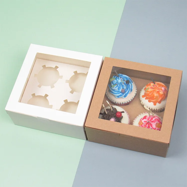 Transparent Window Kraft Paper Cupcake Muffin Packing Box 1 2 4 6 Holes Scatola Torta Clear Cup Cake Boxes For Bakery Shop
