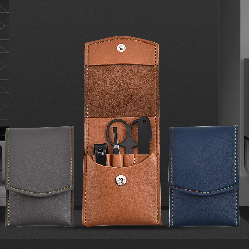 Factory nail clipper 4 pieces set nail scissors with folding PU leather bag beauty manicure nail file tools customized logo