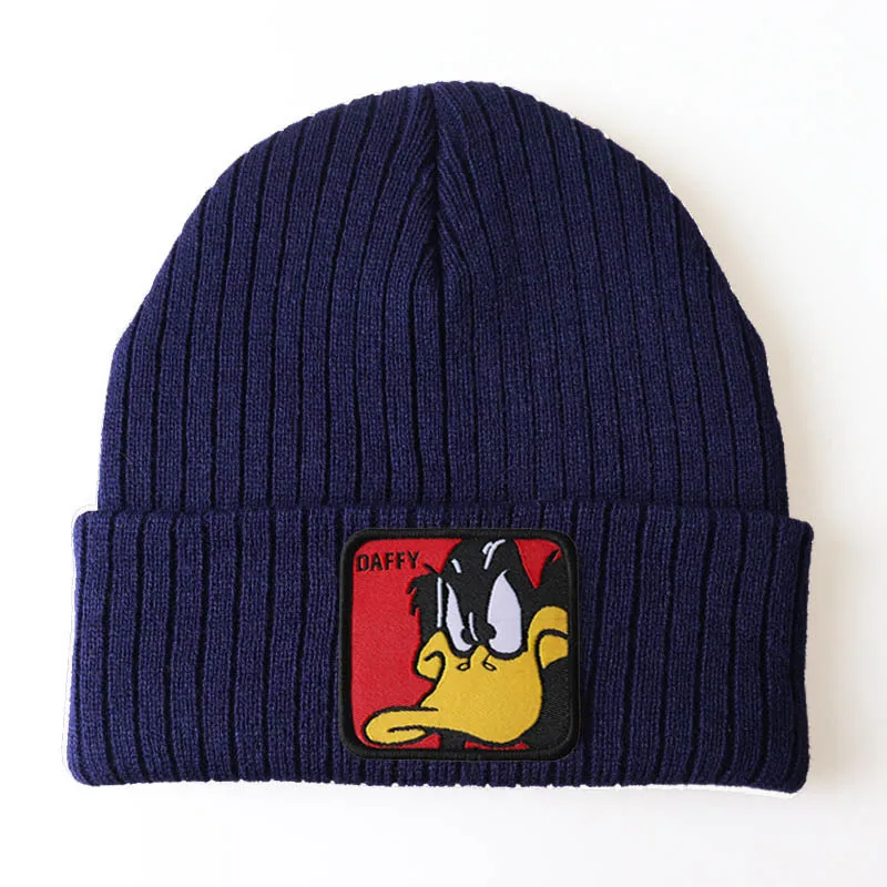 Fashion Animal Anime Beanie Embroidery Patch Cartoon Daffy Duck Warm Knitted Hat Winter Acrylic Skull Beanie Hats Custom Logo